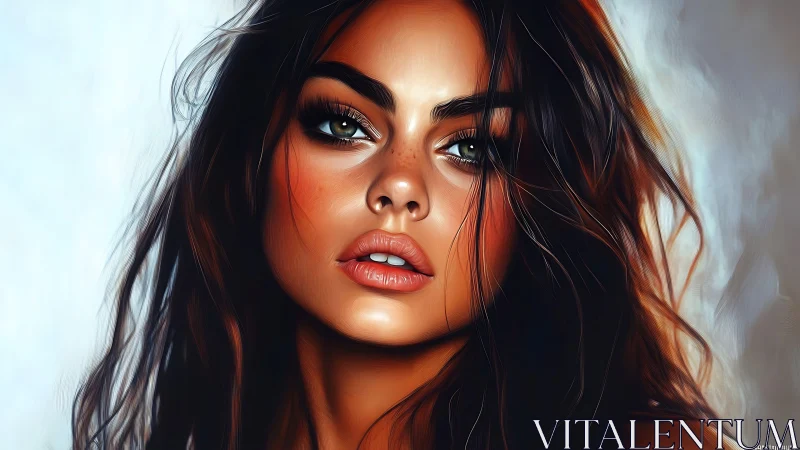 Softly lit portrait of a soulful woman with vivid green eyes.