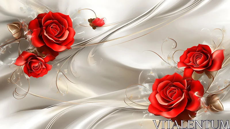 Crimson Bloom Romance: Silken Roses Dance Through Pearlescent Waves.