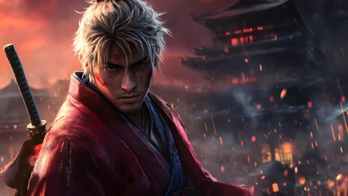 Digital samurai portrait in cinematic, ember-lit composition.