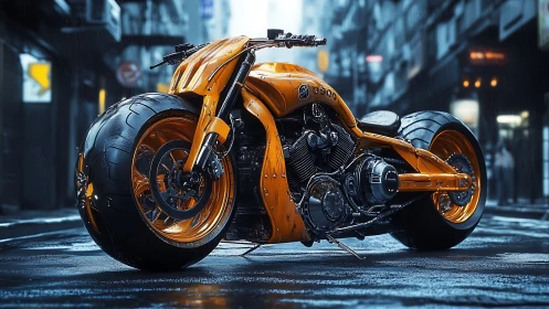 Low-slung orange custom motorcycle showcases extreme wide rear tire