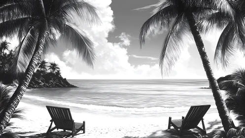 Tropical Beach Retreat. Black and White Illustration.