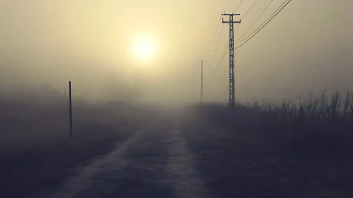 Rural dirt road with utility poles in dense morning fog.