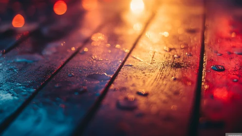 Wet wooden surface with colorful city light reflections.