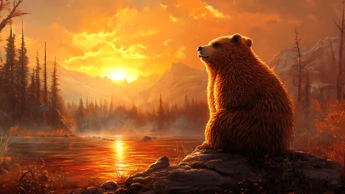 Gentle bear enjoying a glowing sunset by a quiet lake.