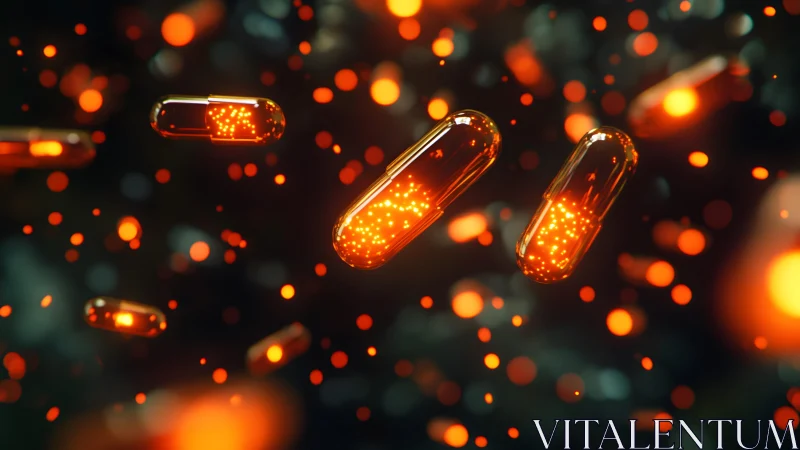 Glowing Capsules Floating in Abstract Neon Space, Futuristic Style.