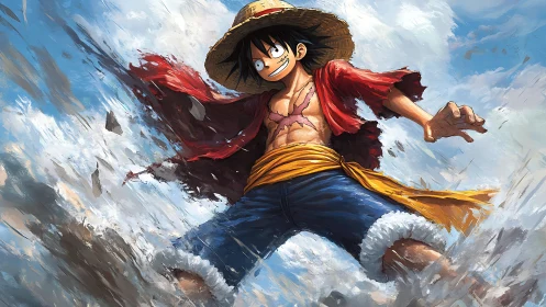 Straw hat hero leaping through waves of sky and spray.
