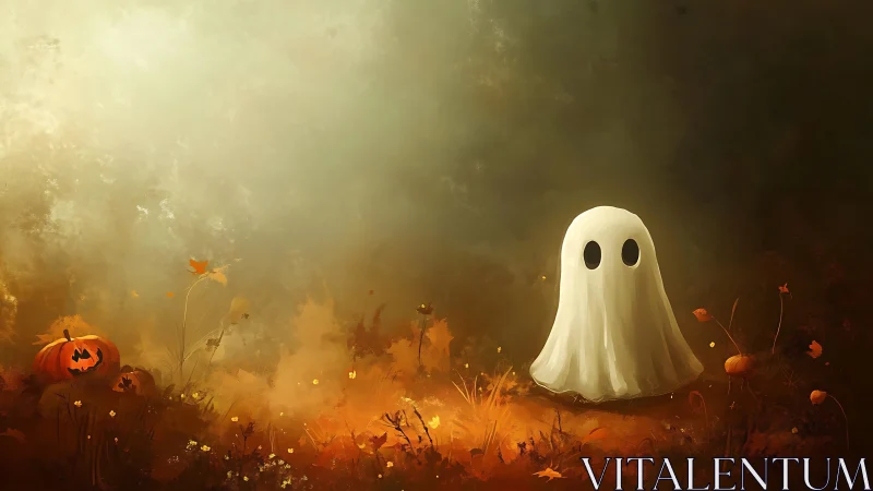 Cute ghost in glowing autumn pumpkin field at dusk.