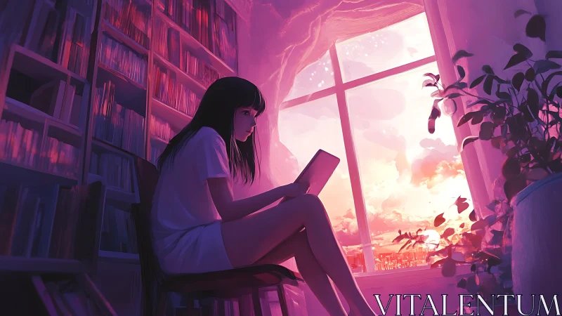 Sunset library dreamer bathed in lilac and ember glow.