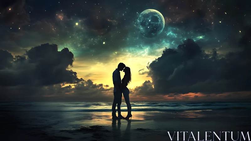 Silhouetted couple kissing on beach under alien planet.