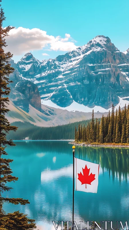 Canadian mountain lake serenity with proud maple leaf flag.