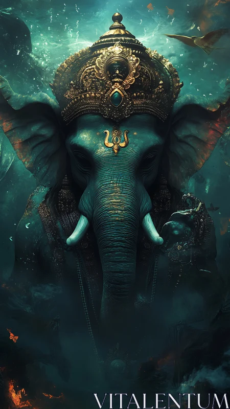 Elephant-headed deity figure with ornate crown underwater.