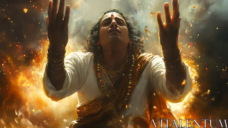 Radiant ascetic in dynamic golden light with volumetric embers