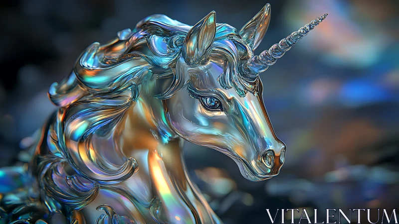 Rendered glass unicorn bust exhibits iridescent surface detail
