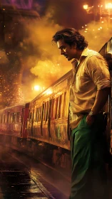 Man standing by train at night on misty platform.