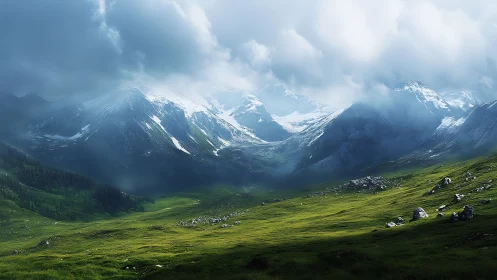 Stormlit alpine valley under dramatic snowcapped peaks.