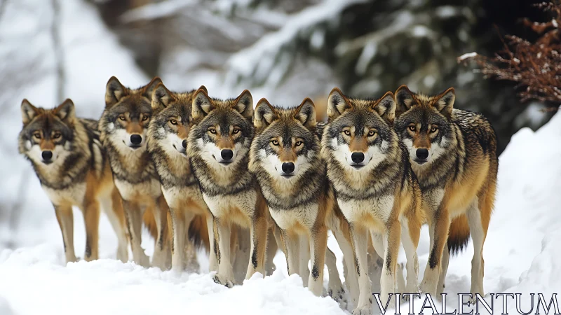 Aligned wolf pack in frontal formation under diffuse winter lighting