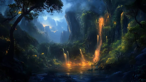 Bioluminescent jungle basin illuminated by molten-gold waterfalls