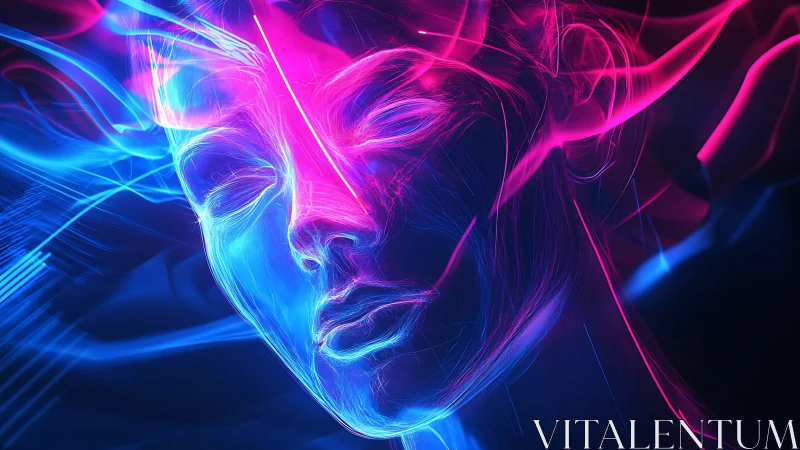 Neon wireframe human face rendered with blue and magenta light
