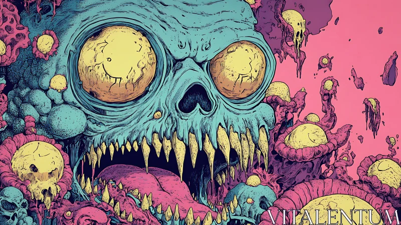 Mutant skull monster amid toxic fungal wasteland.