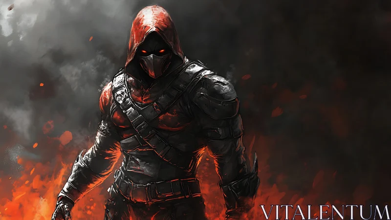 Armored hooded fire warrior emerging from burning battlefield