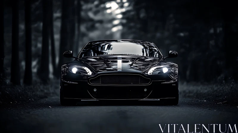 Glossy black sports car glows on a shadowy forest road.