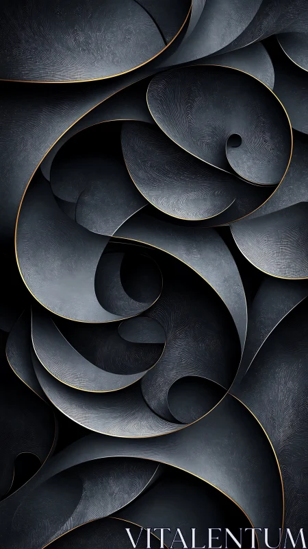 Curved metallic layers form overlapping abstract spiral surfaces