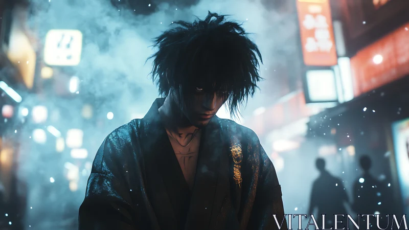 Dark haired anime man stands in smoky neon city street