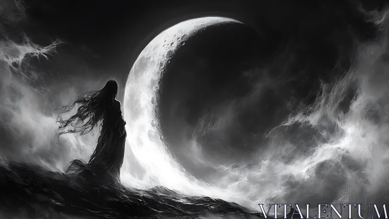 Silhouetted figure confronts crescent moon in stormy sky