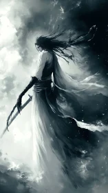 Wraithlike reaper strides through storm-split monochrome sky.