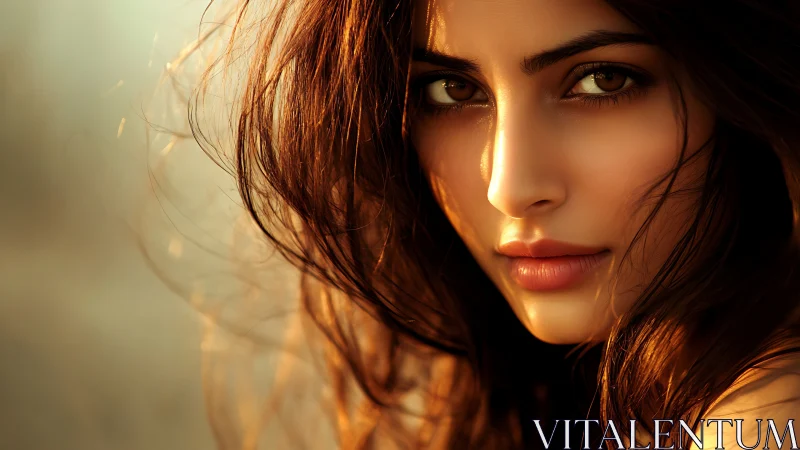 Sunlit brown-eyed portrait captures intense, intimate gaze.