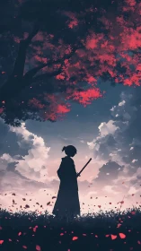 Lone samurai silhouette stands beneath crimson blossom tree