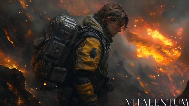 Lone spaceranger amid inferno, burdened by heavy pack.