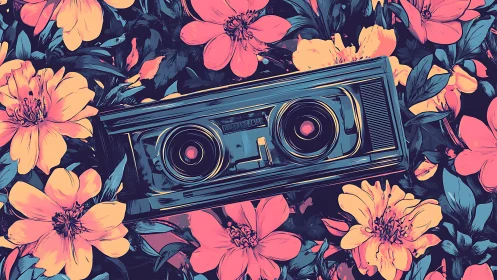Retro cassette tape surrounded by stylized floral pattern.