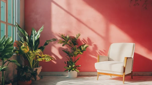 Sunlit chair and indoor plants against coral wall.