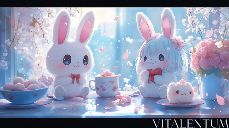 Cartoon rabbits sit at pastel tea table with cherry blossoms