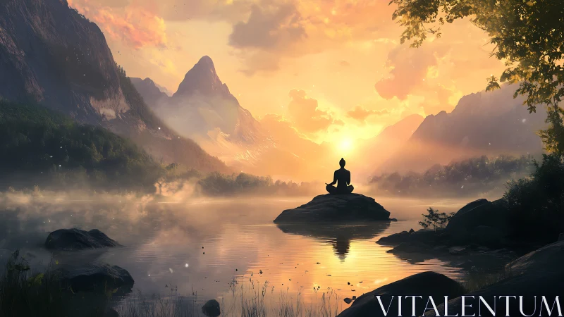 Meditating figure faces blazing mountain sunrise over lake.