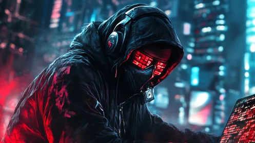 Neon city hacker in glowing mask and midnight headphones.