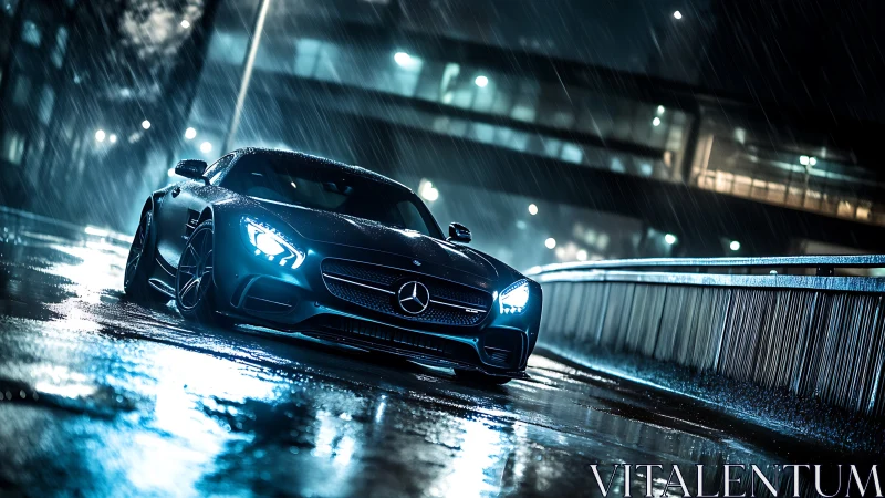 Mercedes coupe glides through neon rain on wet city overpass.