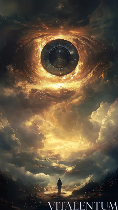 Cosmic eye opens as a lone wanderer walks through dawnfire