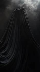 Shrouded monolith beneath flowing black drapery.