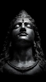 Monochrome frontal view shows detailed sculpted deity bust