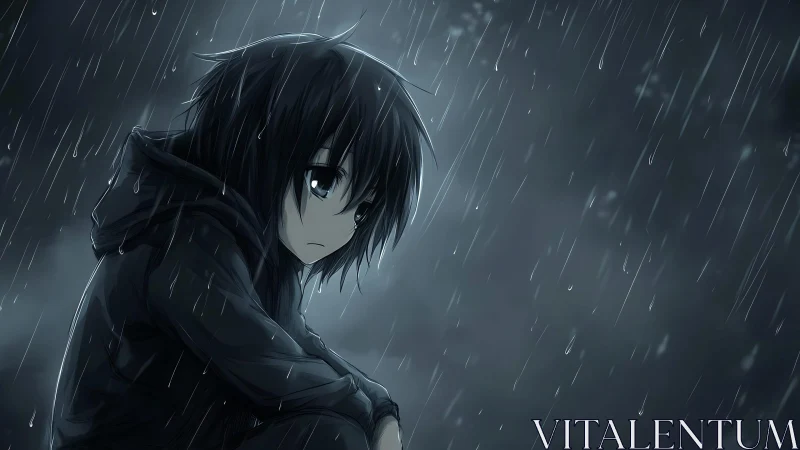 Rainsoaked loner guarding quiet secrets in grayscale gloom.