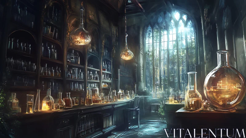 Gothic alchemy laboratory under warm glass lantern glow.