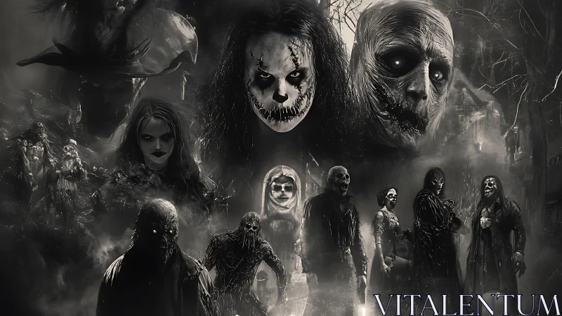 Monochrome horror collage with tormented spectral figures.