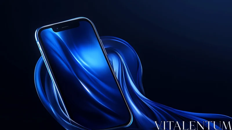 Liquid blue currents cradle a luminous futuristic smartphone