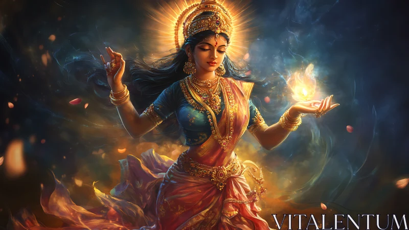 Divine goddess portrait with glowing flame and swirling silk.