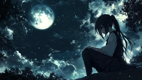 Lunar backlit anime silhouette under turbulent nocturnal sky.