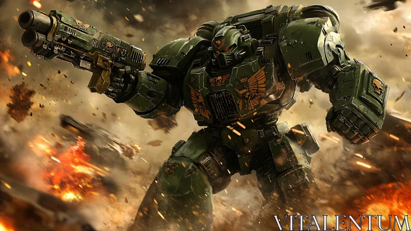 Armored sci fi soldier advancing through heavy battlefield.