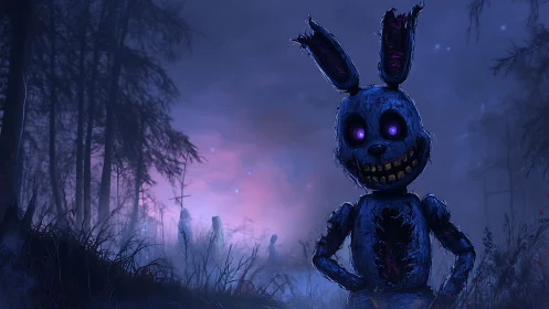 Sinister rabbit animatronic stalks misty twilight forest