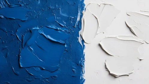 Bold abstract painting with blue and white oil textures, modern style.